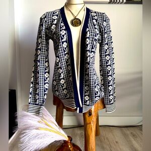 Vintage 60’s - 70’s Floral Print Navy & Cream Made in France Cardigan Sweater SM